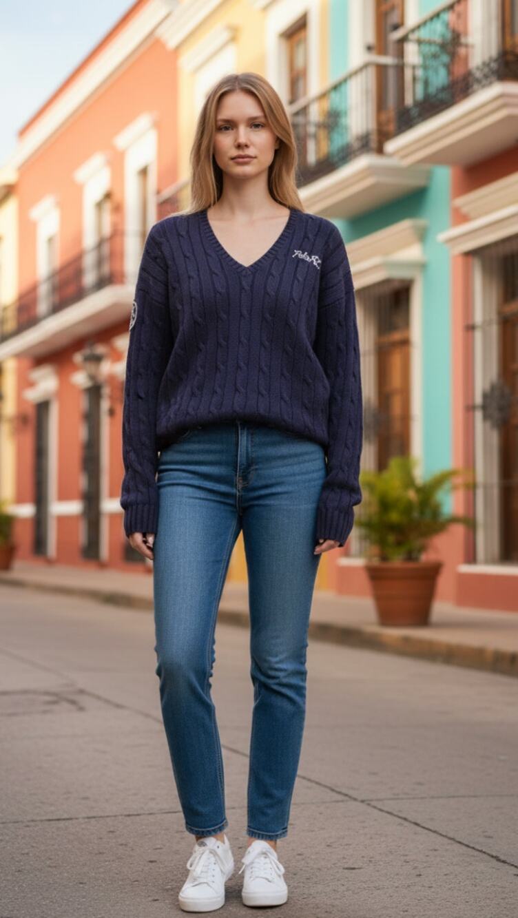 Polo Ralph Lauren Sweater Women's S Navy Blue Cotton Cable-Knit V-Neck Pullover